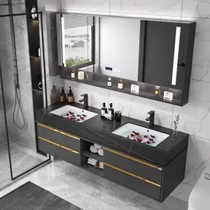 2022 Hot Sale LED Lighting Smart Mirror Cabinet Bathroom Cupboard Luxury Wall Mounted Vanity With Double Integrated Basin