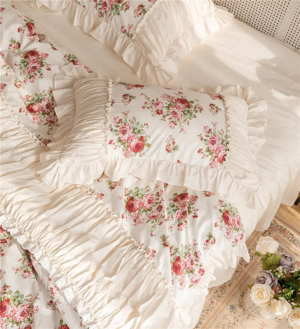 Juego de sábanas de cama de novia de crema Romántica Francesa, juego de cama de boda, ropa de cama de lujo, fundas de almohada Floral con estampado, falda de cama