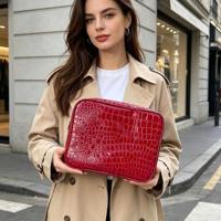 Sac de voyage classique personnalisé en cuir de crocodile, sac à cosmétiques imperméable bordeaux, sacs de toilette pour soins de la peau avec fermeture éclair dorée