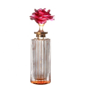 Cylinder Glass Perfume <b>Bottle</b> With <b>Pink</b> Rose Cap Orange Tinted Striped Design - Product Image 3
