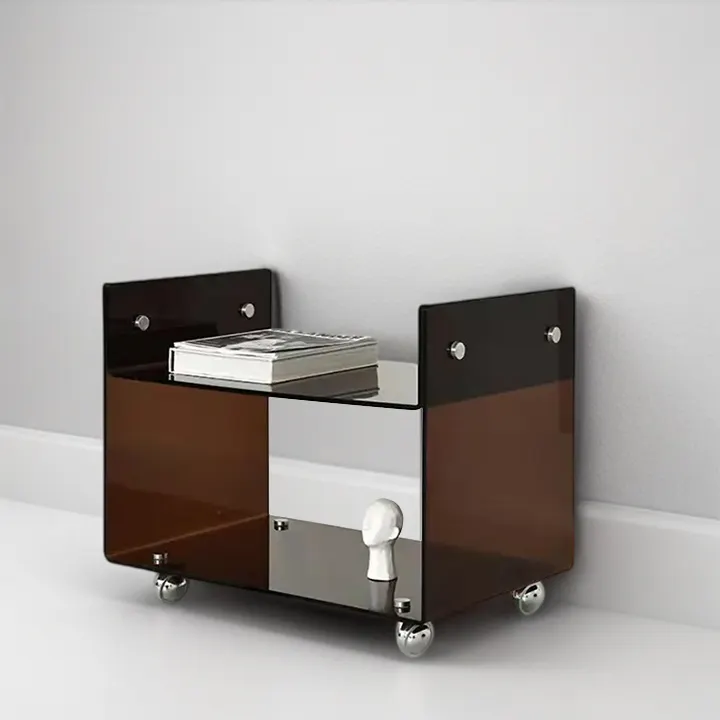 Gabinete de almacenamiento de muebles de estilo de acrílico de lujo ligero móvil de personalización con marco acrílico mesa auxiliar pequeña de plexiglás