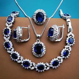 Bohemia Silver Bridal Ladies Jewelry Sets Blue Stone <strong>Costume</strong> Jewelry for Women Bracelet Set Earrings Ring - Product Image 1