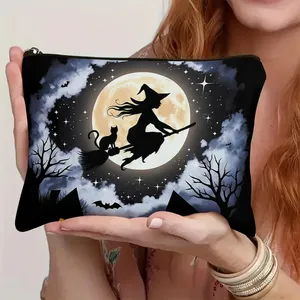 Trousse de <span class=keywords><strong>Maquillage</strong></span> en Toile à Fermeture Éclair Thème Halloween Forêt Enchantée, Chat <span class=keywords><strong>Sorcière</strong></span> et Pleine Lune, avec Motifs Chauves-Souris et Étoiles - Product Image 2