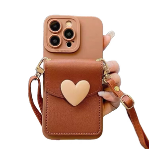 กระเป๋าใส่การ์ดรูปหัวใจสีน้ำตาลขนาดเล็กเหมาะสำหรับ Samsung Apple <span class=keywords><strong>Xiaomi</strong></span> ที่มีช่องเสียบการ์ดโทรศัพท์มือถือพร้อมเชือกแขวนในแนวทแยง - Product Image 1