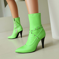 Bottes mi-mollet extensibles vert néon à bout pointu, style punk chic pour le printemps et l'été, idéales pour les loisirs et les voyages.