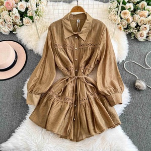 Fall New Shirt Dress Slim Lace <b>Lantern</b> Sleeve Short <b>Mini</b> Casual Dresses - Product Image 2