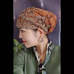 Women's New Design Solid Color <b>Scarf</b> Headscarf Muslim Cotton Pleated Inner Cap with Regular Curved Pattern Hat - Product Image 3