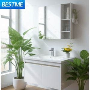 Mueble de Baño Moderno <span class=keywords><strong>Blanco</strong></span> de Aluminio y Madera Maciza <span class=keywords><strong>con</strong></span> Lavabo de Cerámica Resistente al Agua, Gabinete de Doble Puerta, Espejo <span class=keywords><strong>con</strong></span> Detalles Dorados Incluido - Product Image 4