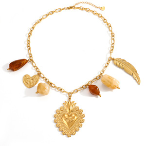 สร้อยคอสแตนเลส จี้รูปหัวใจ สีทอง โซ่คล้องไหปลาร้า จี้รูปขนนก เครื่องประดับแฟชั่น - Product Image 5