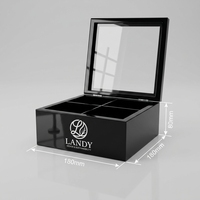 Boîte à thé Landy de luxe noir brillant avec 4 compartiments et fenêtre en verre, présentoir laqué pour sachets de thé, idéal pour boutiques de cadeaux et grossistes