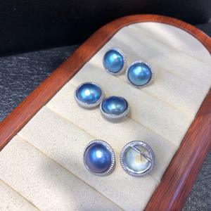 Pendientes de Perlas Mabe Azules Cielo Estrellado Japonesas, 13-14 mm, Redondos, Plata 925, Chapados en Rodio, Joyería Clásica para Mujer - Product Image 3