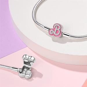 <b>Copper</b> Silver Plated Logo Pink Enamel CZ Snake Chain <b>Bracelet</b> Fit European Charm Beads - Product Image 2