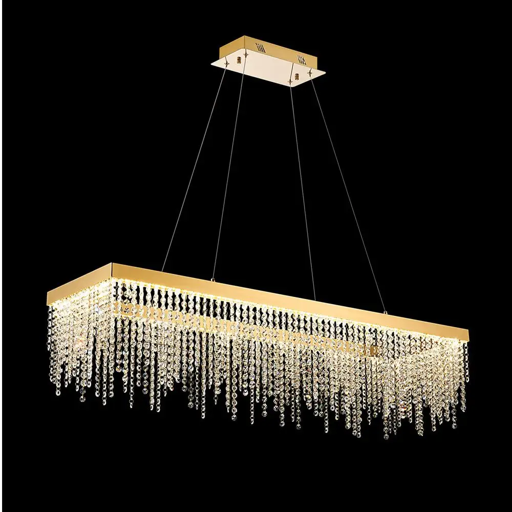 Modern Linear Rectangular Dimmable Chandelier Kitchen Lighting LED Fixture French Gold Crystal