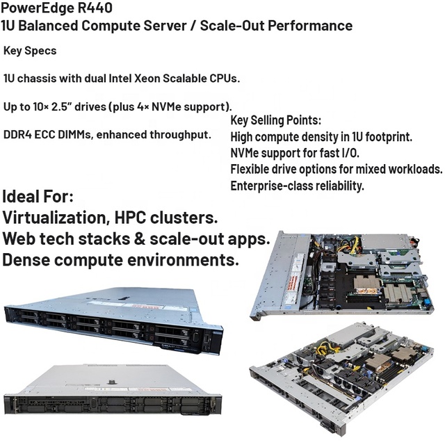 Stock Available PowerEdge R440 8SFF Xeon Processor DDR4 RAM 1U Rack Server
