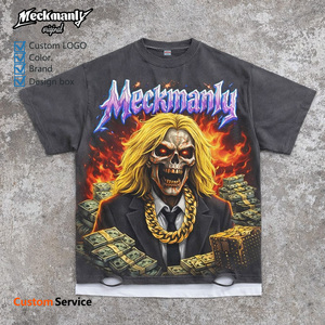 T-shirt en coton pour homme Meckmanly, manches courtes, col rond, imprimé crâne, style vintage surdimensionné - Product Image 6