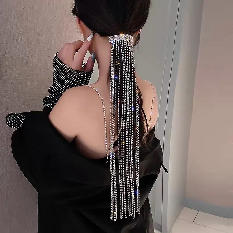 Amazon Hot Selling Fashion Hair Accessories Jewelry Women Gift Hairpins Tassel Full Crystal Long Hair Chain Headwear