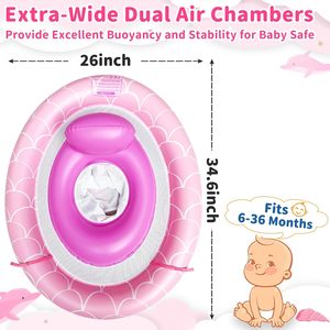 Flotador inflable de piscina con diseño de sirena elegante y asiento de seguridad ajustable para bebés y niños pequeños con toldo ajustable de 4 etapas. - Product Image 5