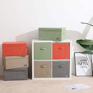 Cube Boîte de rangement pliable en tissu avec couvercle 13 pouces Organisateur de placard à vêtements pliable Poubelle de rangement en lin avec poignées