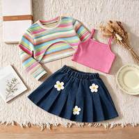 Nouvelle Conception Ensemble Fille Trois Pièces : Blouse Rayée Décontractée, Salopette et Jupe Parapluie en Denim Lavé Respirant à Motifs Floraux
