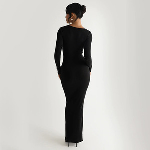 Vestido ajustado de manga larga con cuello cuadrado, de punto, color liso, corte ceñido, para fiesta o casual, transpirable, con cintura natural - Product Image 2