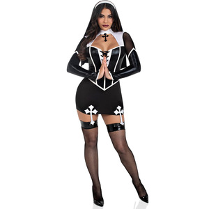 Disfraz de Mujer de Cuero Sintético para Cosplay, Club Nocturno, <span class=keywords><strong>Monja</strong></span>, Sirvienta, Mangas Largas, Tops Calados, Falda Corta <span class=keywords><strong>con</strong></span> Turbante, Uniforme - Product Image 5