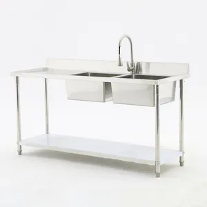 双碗商用厨房水槽不锈钢三碗水槽带餐饮长凳