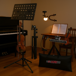 Soporte de música plegable portátil ajustable con clip de luz para guitarristas, violinistas, violoncellistas y pianistas, de metal negro MUS FLD HD ACC - Product Image 2