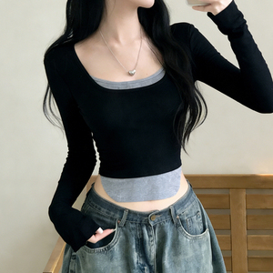 Vente flash : Pull décontracté pour femme à col en U, coupe ajustée, couleur unie, tricot extensible, manches longues, effet deux pièces - Product Image 6