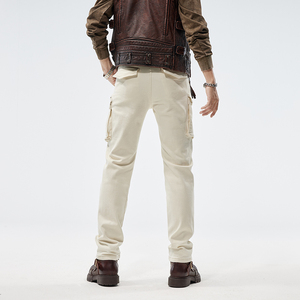 Jeans moto à poches multiples pour hommes, pantalon de motard de rue haute, blanc cargo, <span class=keywords><strong>jean</strong></span> slim stretch <span class=keywords><strong>beige</strong></span> avec fermeture éclair - Product Image 6