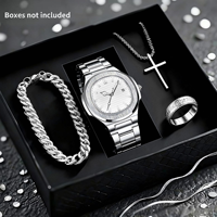 LP62 Ensemble de 4 montres à quartz carrées en alliage argenté pour homme, étanches, pour affaires, avec collier, bracelet et bague assortis – Cadeau sélectionné