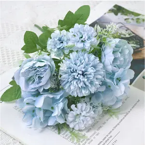 Peony रेशम प्रकाश ब्लू हाइड्रेंजिया गुलदस्ता सजावट प्लास्टिक कारनेशन डेज़ी यथार्थवादी फूल व्यवस्था शादी सजावट टेबल सी