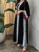 Abaya noire ouverte Hafizah en gros avec dentelle crochet blanche, robe musulmane pour femme, ouverture frontale, manches, style Dubaï, robe islamique modeste, Aïd