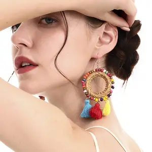 New Creative Colorful Rice Beads Circle Woven Statement Earrings Bohemian Jewelry Beautiful Ethnic Earrings For Women Holiday