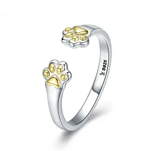 แหวนเงินสเตอร์ลิงปรับได้สำหรับเด็กผู้หญิงแหวนแบบเปิดรูปอุ้งเท้าแมวน่ารักสีทอง