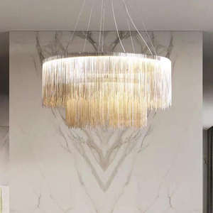 Customization Personality Modern Aluminum silver chain hanging light <b>tassel</b> <b>fringe</b> Chandelier - Product Image 1