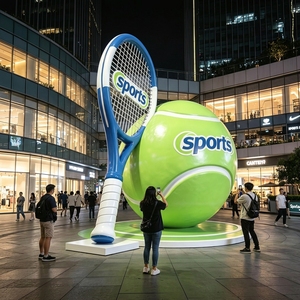 Sculpture géante sur le thème de la raquette et de la balle de tennis en acier inoxydable avec logo personnalisé OEM pour centre commercial, parc sportif, club, aménagement paysager - Product Image 3