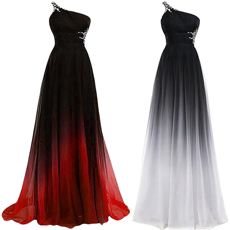 Hot Sale One Shoulder New Fashion Slim Color Gradient Long Prom Ball Gown Evening Dress