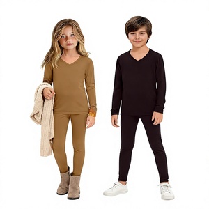 Conjunto de Ropa Interior Térmica de Manga Larga con Cuello en V para Niños, Transpirable, de Algodón y Elastano, Capa Base Sólida, Camiseta y Pantalones - Product Image 1
