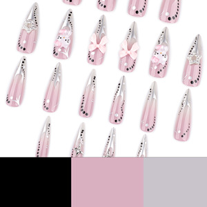 <span class=keywords><strong>Uñas</strong></span> Postizas Largas Stiletto 24 Piezas Y2K Rosa Nude con Punta Plateada, Lazo <span class=keywords><strong>Hello</strong></span> <span class=keywords><strong>Kitty</strong></span>, Estrella, Diamantes de Imitación y Puntos Negros - Product Image 4