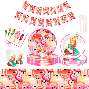 Juego de vajilla desechable con temática de flamencos DAMAI, platos de papel color morado claro para fiestas de verano en la playa, para 8 personas. - Product Image 1