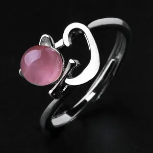 Koreaanse Stijl Delicate Roze Kristal Open Ring Voor Vrouwen Zilver Eenvoudig Verstelbare Kat Vinger Ring Bruiloft Sieraden Geschenken