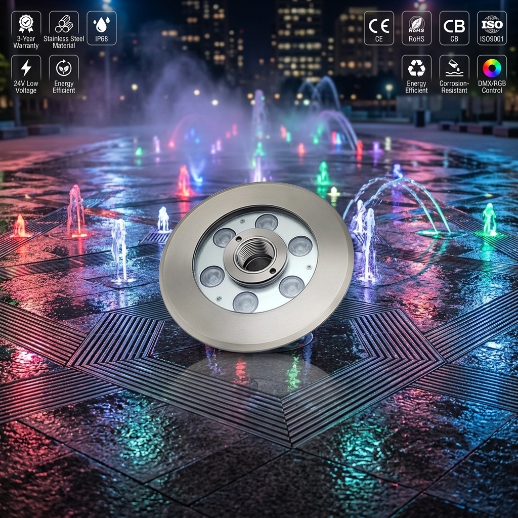 Manufacturer Supplies IP68 12V Stainless Steel RGB Warm White Underwater LED Fountain Lights 6W-18W for Small Waterfalls & Ponds