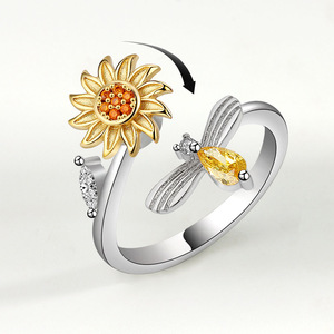 <span class=keywords><strong>Bague</strong></span> tournante réglable en argent plaqué avec zircone cubique en forme de tournesol et d'abeille pour femmes, <span class=keywords><strong>bague</strong></span> anti-anxiété, bijoux cadeau - Product Image 1