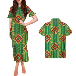 Passende Paar Kleidung Luxus afrikanischen Dashiki-Druck Casual Ruffle Kurzarm Midi Bodycon Kleid Frauen passende Herren hemden