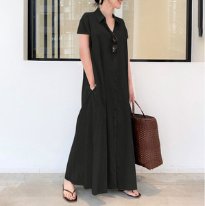 Nouveau et Style coton et lin couleur unie col <span class=keywords><strong>polo</strong></span> manches courtes poche Simple ample décontracté longue chemise robe - Product Image 4