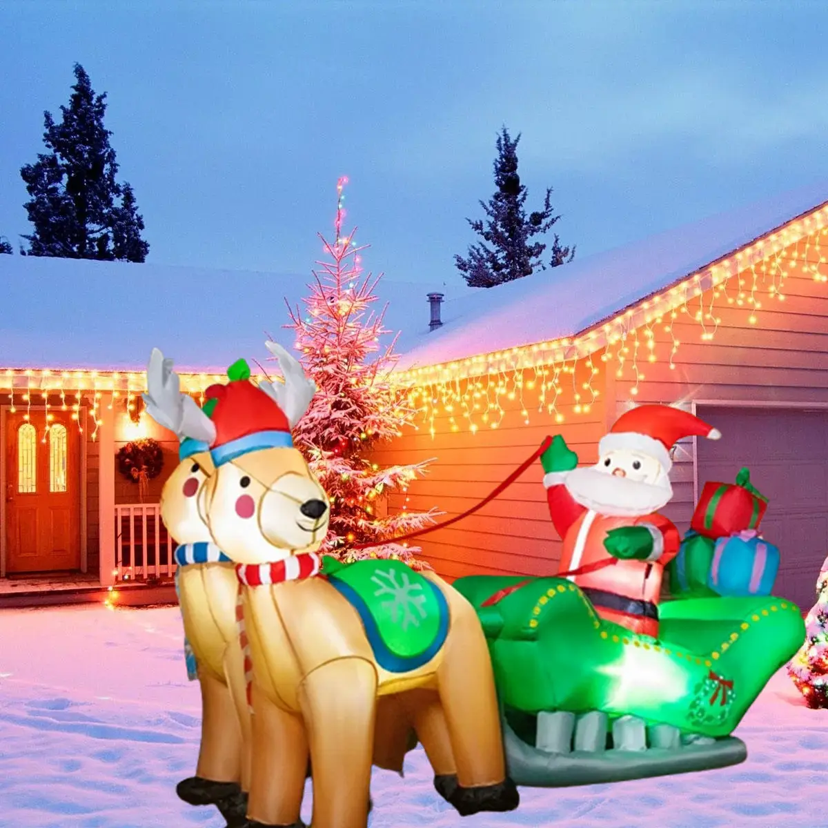 クリスマスクラフト用品置物おもちゃ屋外そりとトナカイ装飾等身大サンタそり