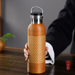 Bamboo Woven Insulated Water <b>Bottle</b> Stainless Steel <b>Thermos</b> Portable Outdoor Camping Hot Water Flask Straight Cup Screw Cap - Product Image 3