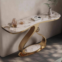 Table console moderne et simple en acier inoxydable doré, style luxe léger, avec plateau en marbre, pour salon, couloir étroit, entrée ou hall.
