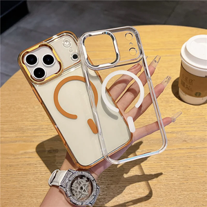 Funda de teléfono antichoque de TPU y PC transparente chapada para iPhone 17 Pro, 16, 15, 14; Funda para iPhone 17 Pro Max antiamarilleo con parte inferior abierta - Product Image 2