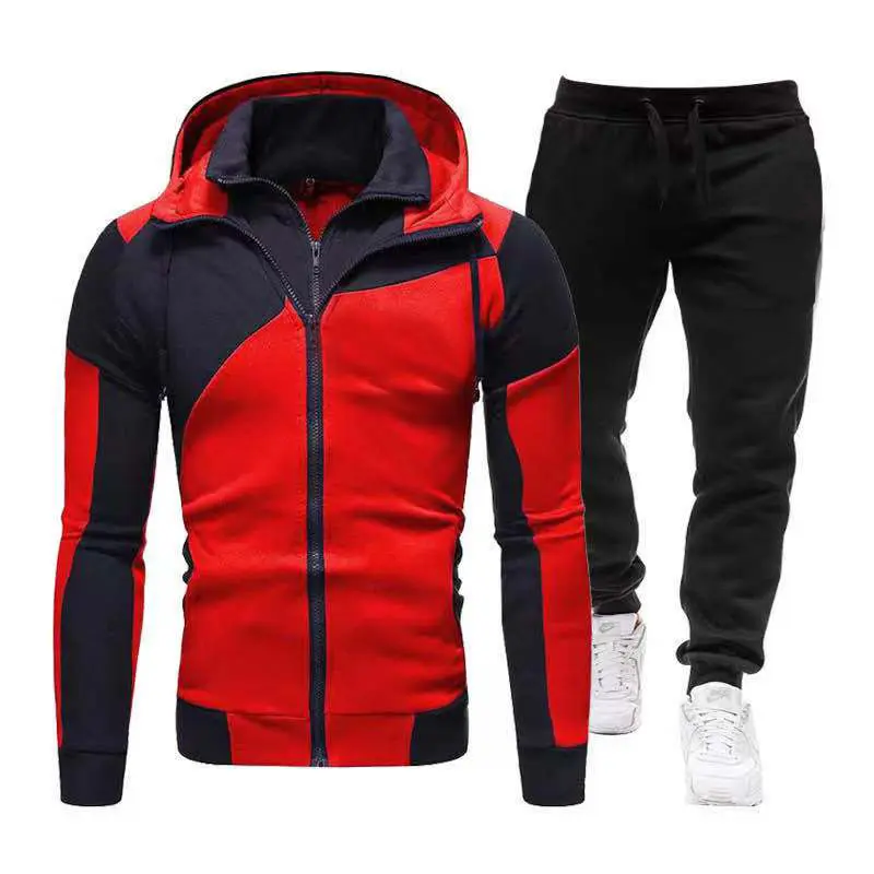 OEM customized LOGO & label Zipper patchwork style Casual man wear outdoor two pieces men running hoodie set